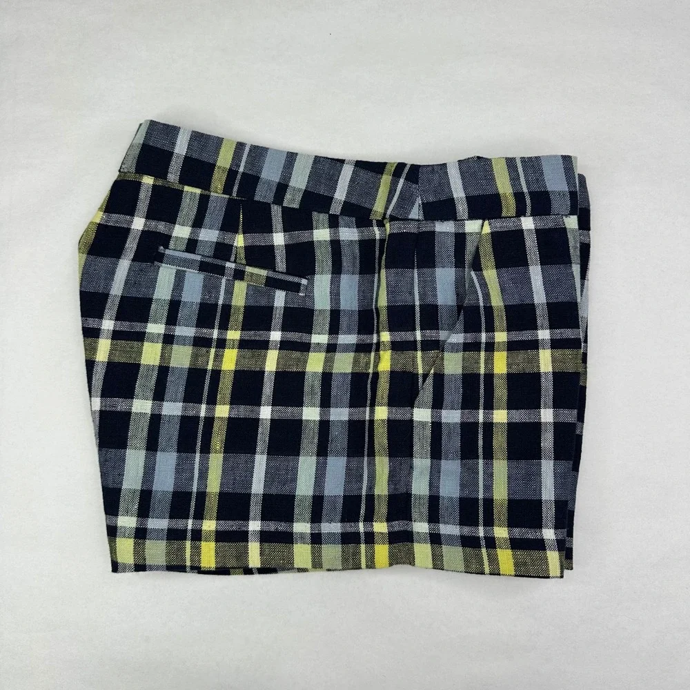Joie Womens Plaid Linen Shorts Navy Blue Yellow Check Size 2 1926-6493